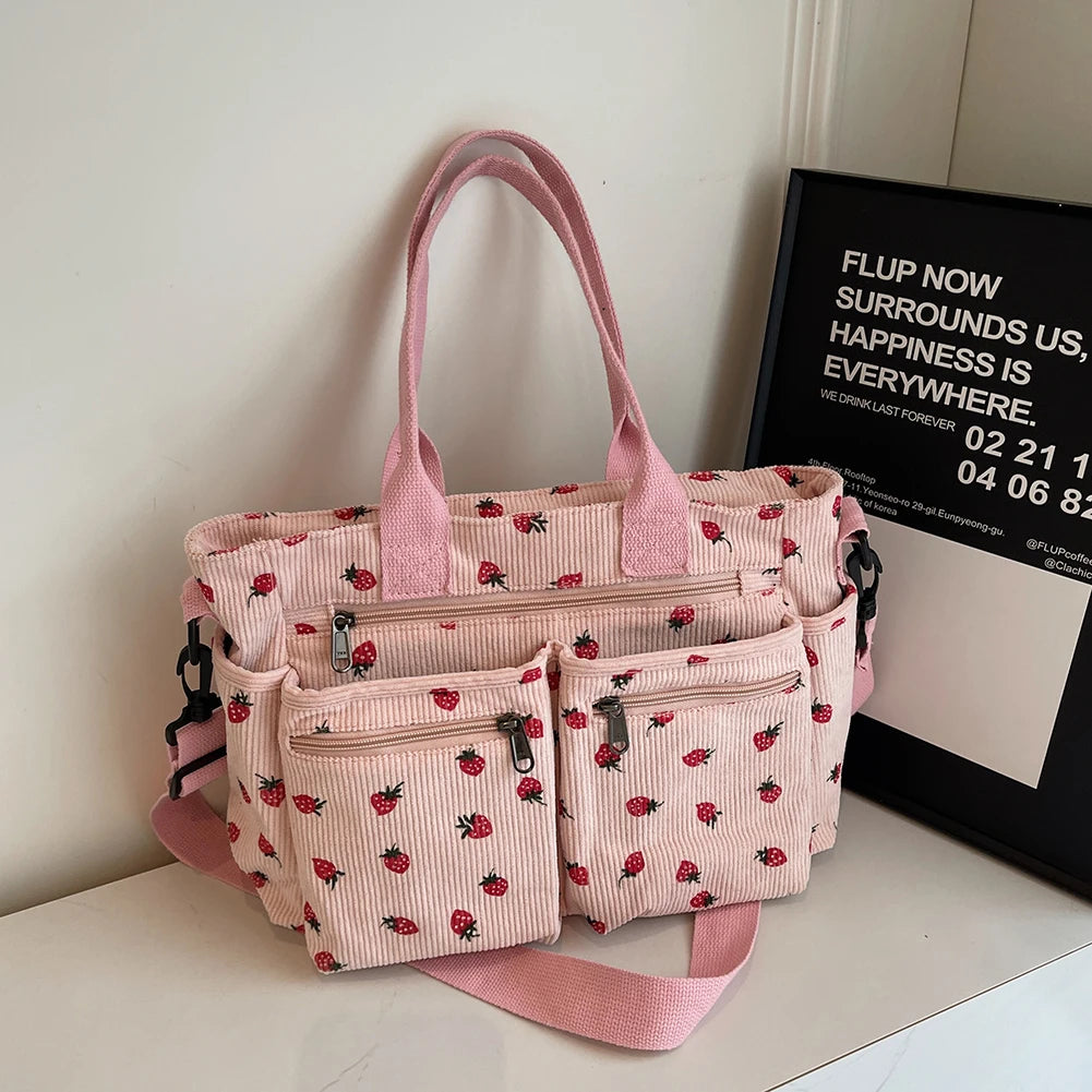 StrawBelle – Corduroy Kawaii Tote Bag